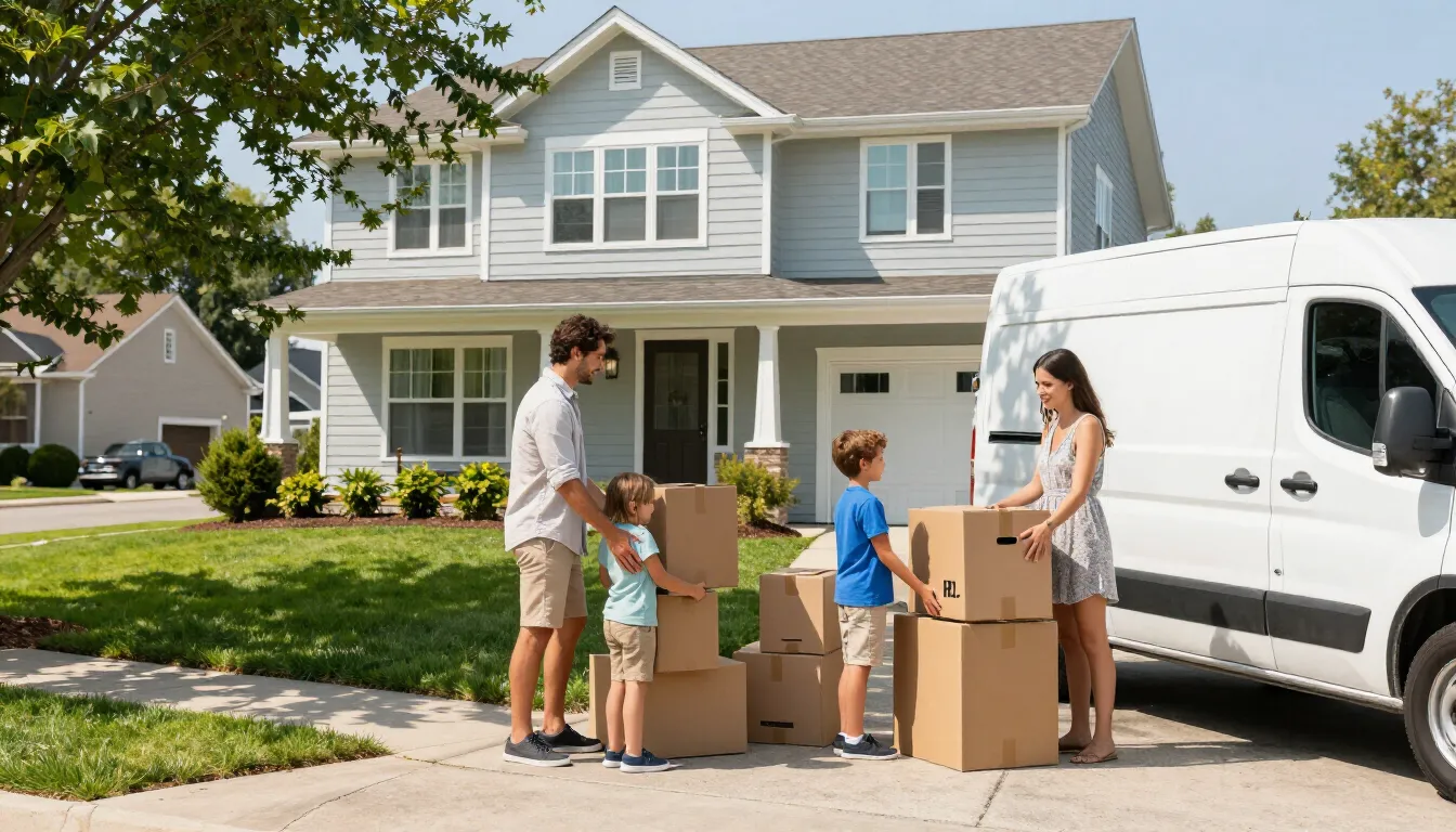 Woman reading a checklist among moving boxes in a bright living room with packed bags and clothes rack.
