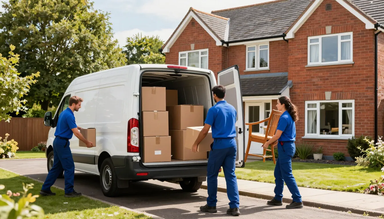 Movers unloading cardboard boxes from a white van outside a suburban brick house.