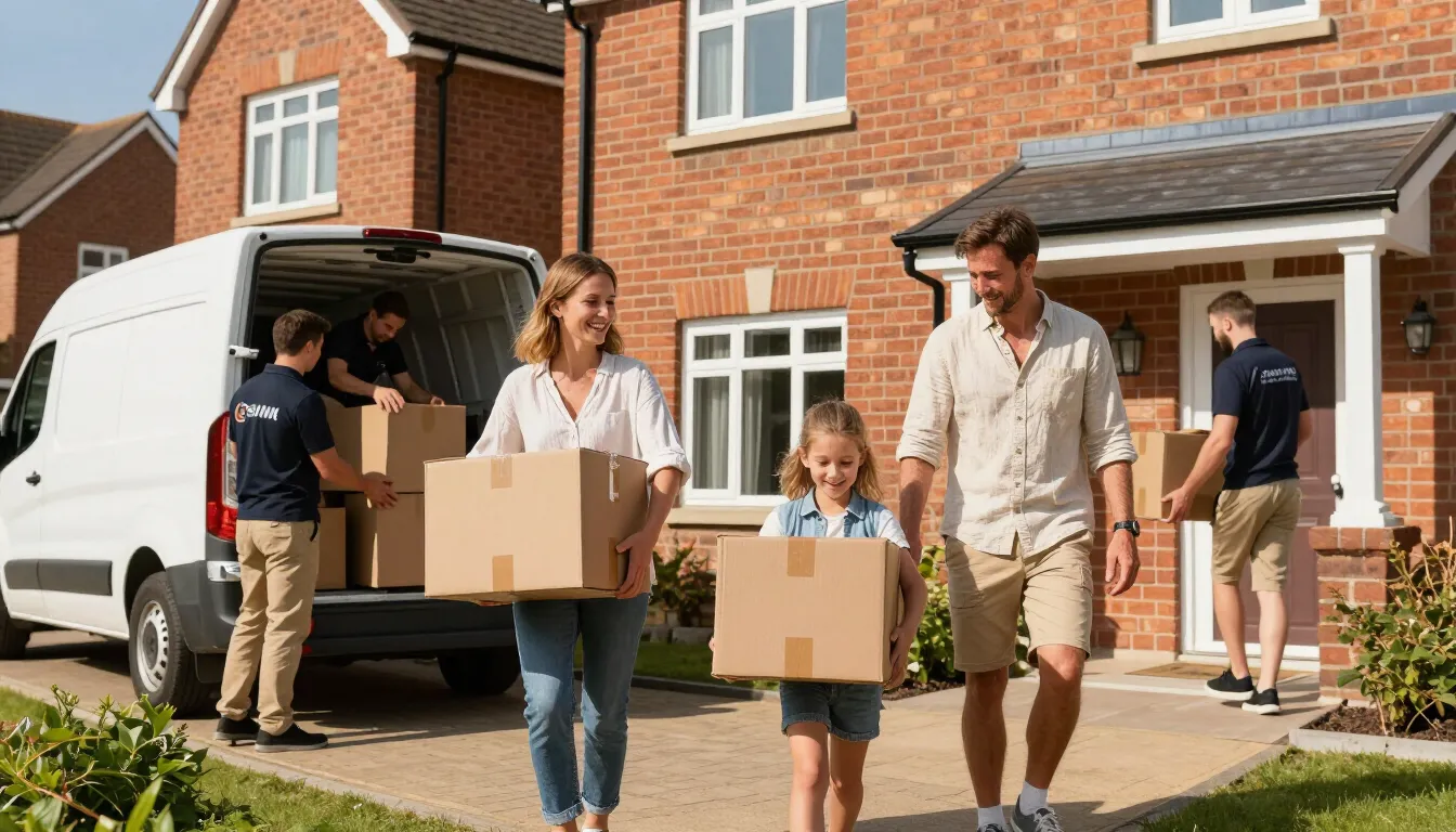 Family carrying boxes while moving into a suburban house with a van in the driveway.