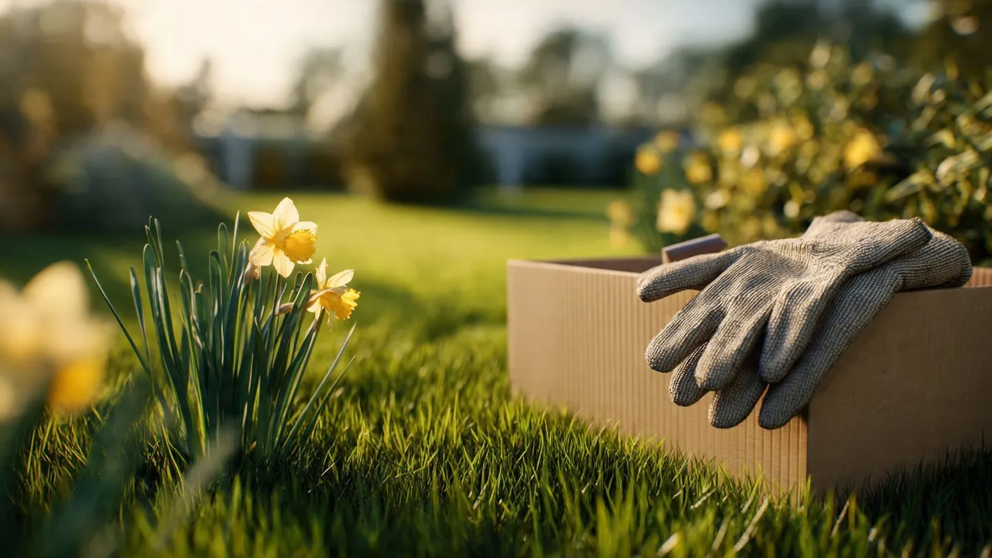 Gardening gloves on a cardboard box beside daffodils in a sunny garden.