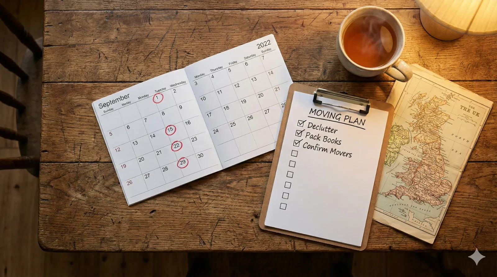Calendar, to-do list, map and tea cup on a rustic wooden table.