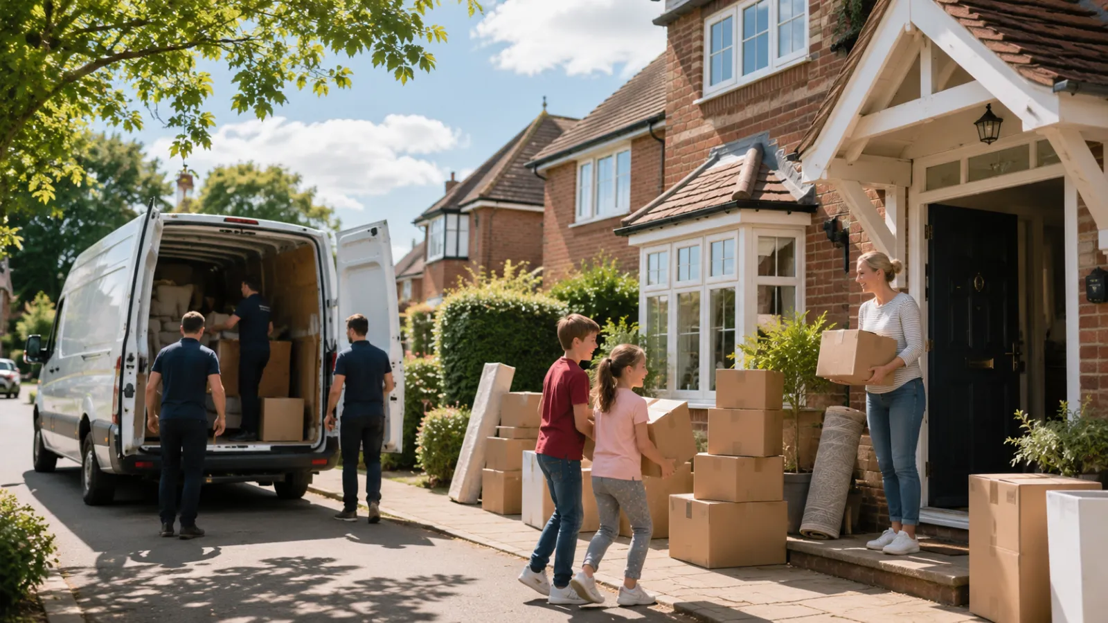 People unloading boxes from a moving van outside a brick house on a sunny street.