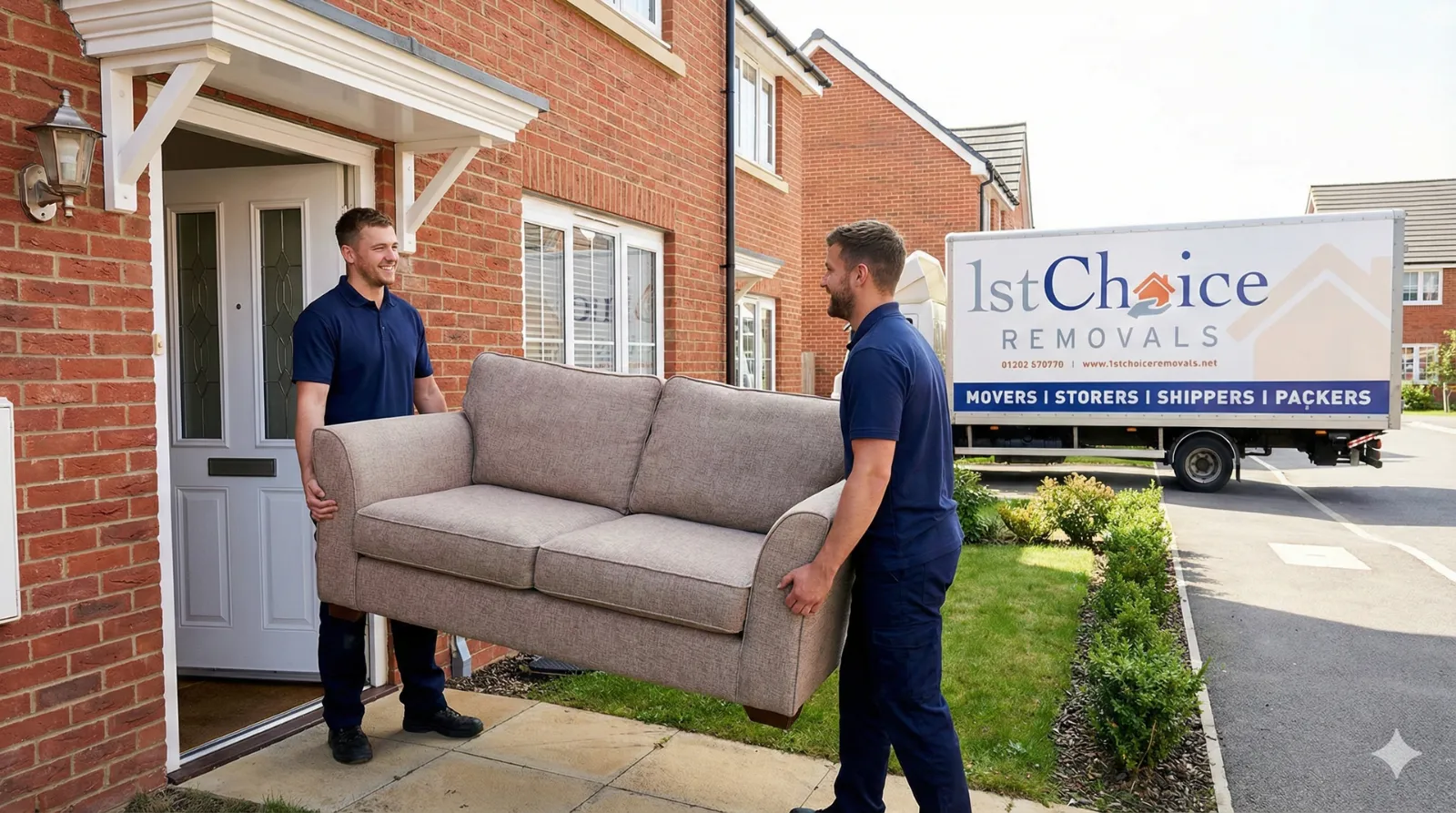 Two movers carrying a sofa out of a brick house; a removal lorry is in the background.