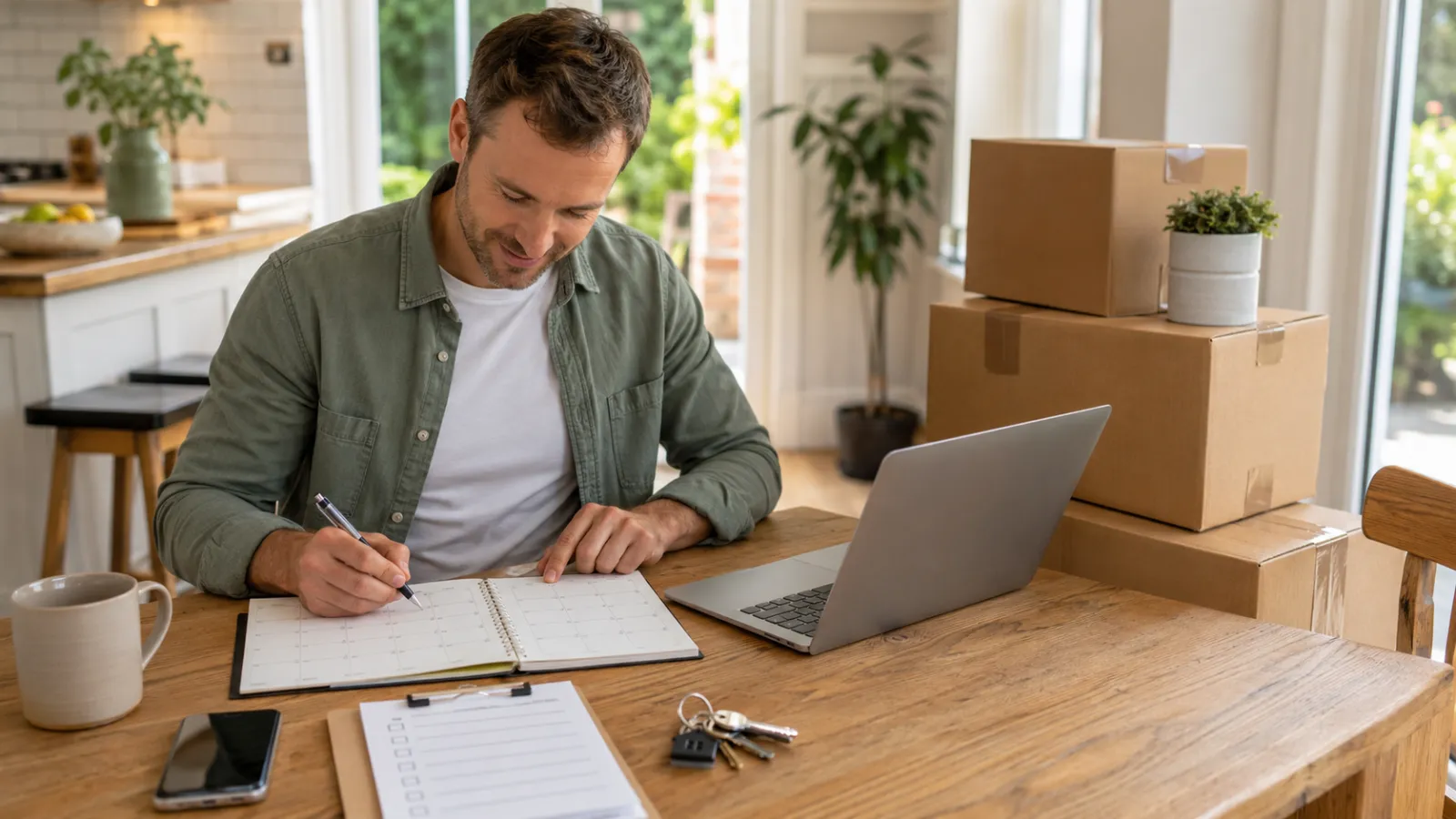 Person writing on a clipboard at a desk with a laptop and packed cardboard boxes nearby.