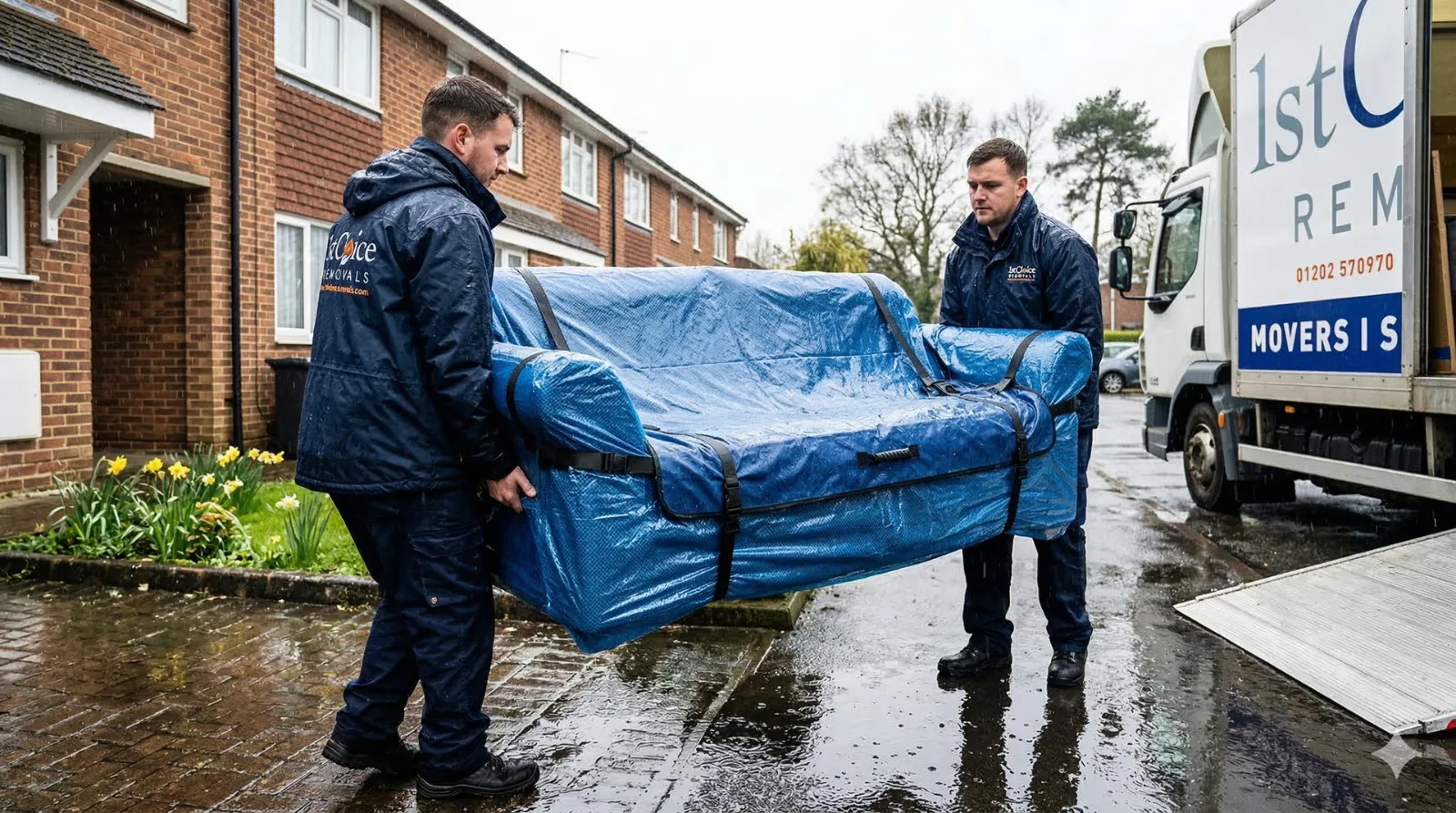 Two movers in matching dark uniforms carry a blue, plastic-wrapped sofa toward a removal truck on a rainy day.