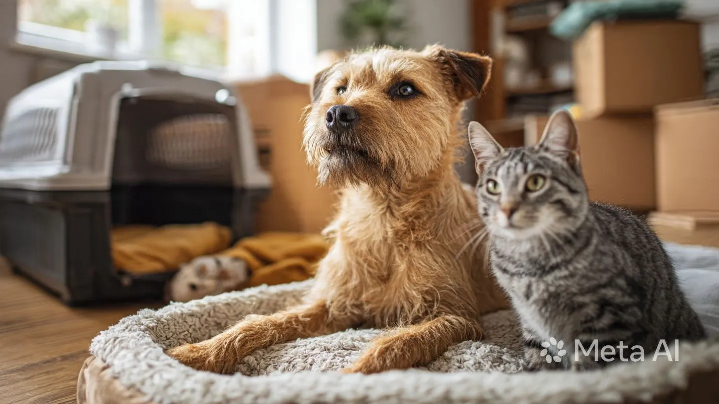 Grey tabby cat in the foreground with a brown dachshund lying behind it on a carpeted living room floor.