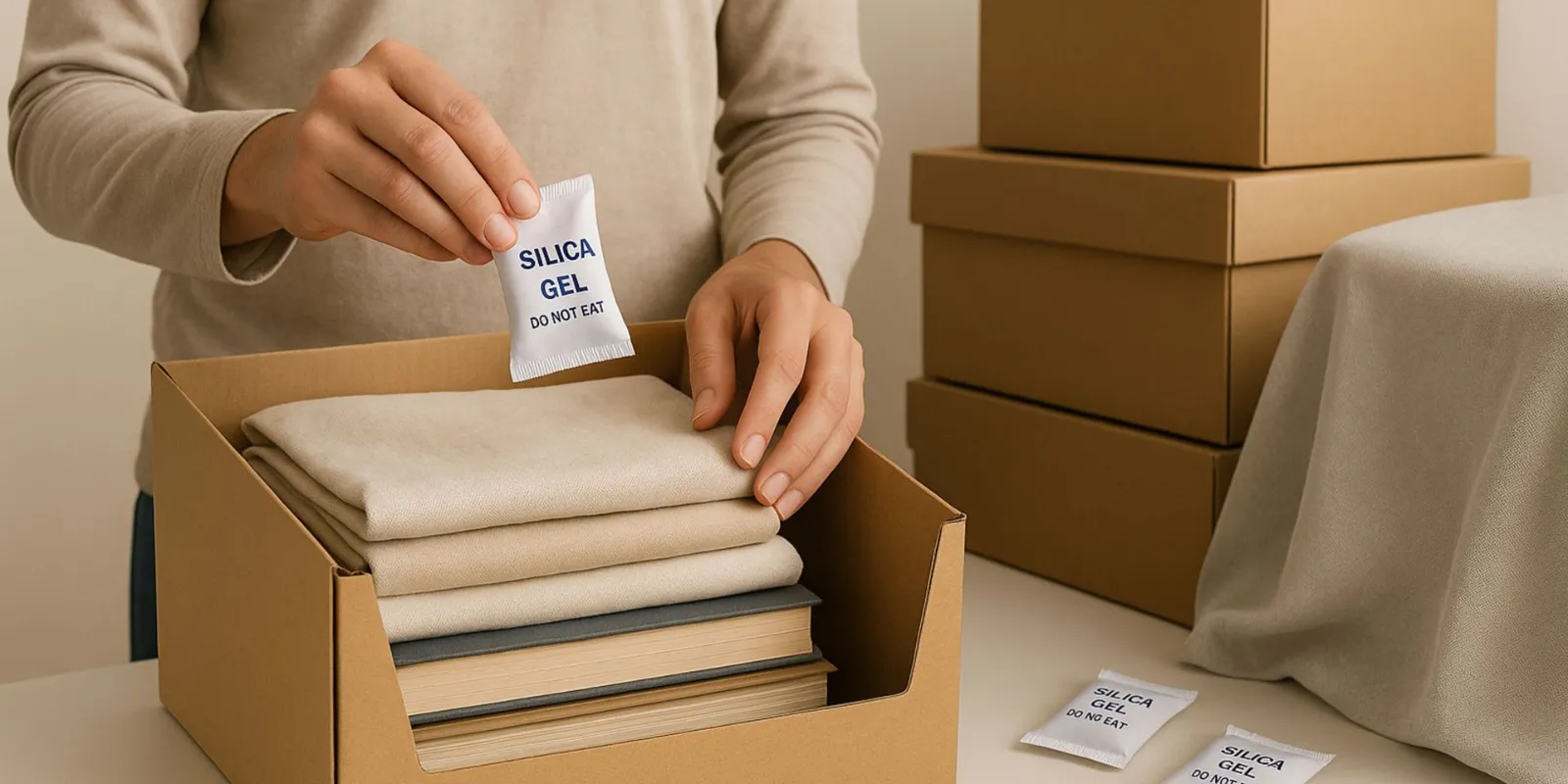 A person putting a bag of silica gel into a cardboard box filled with clothes