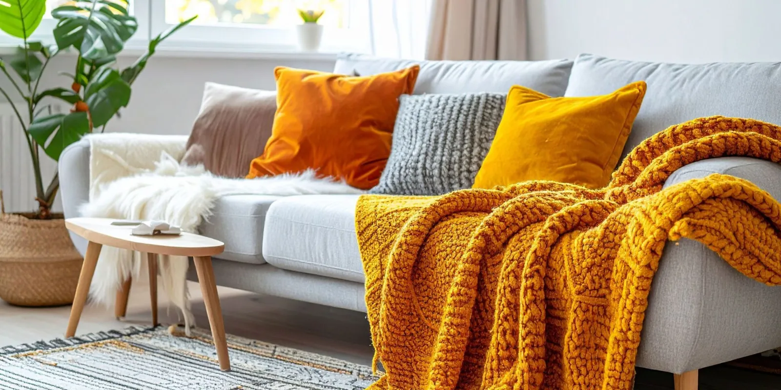 A cosy living room with a grey sofa adorned with colourful pillows and a mustard yellow knit blanket.