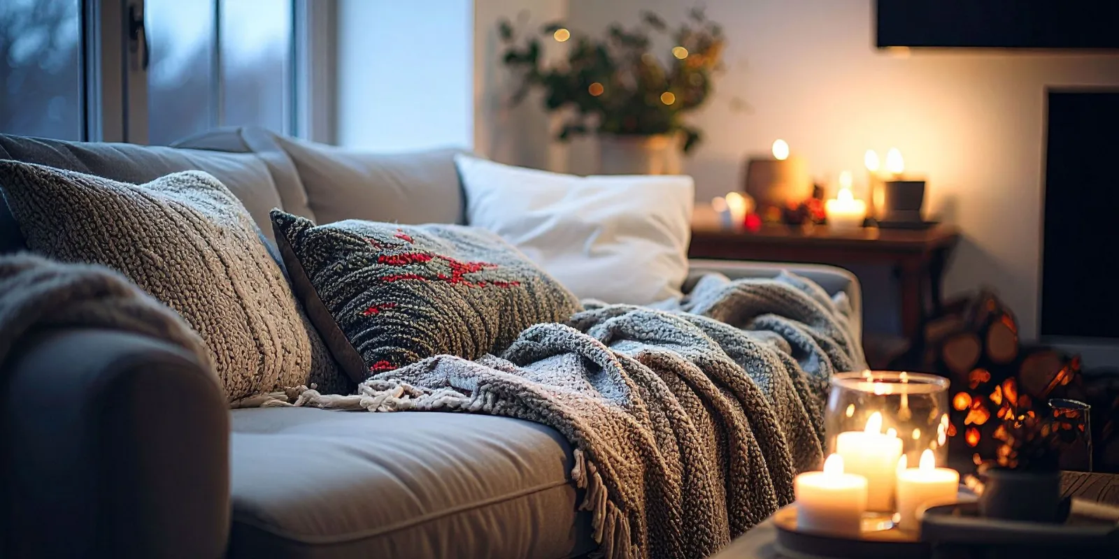 Cosy living room with lit candles, sofa, knitted blanket and pillows.